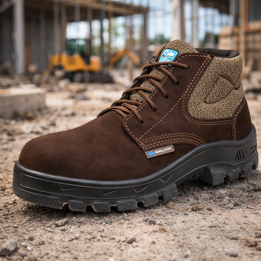 Botina de Segurança Cadarço Bico Composite Palmilha Antiperfuro Couro Nobuck Marrom Café Marluvas 50B26 CB CPAP NUB C.A 47482