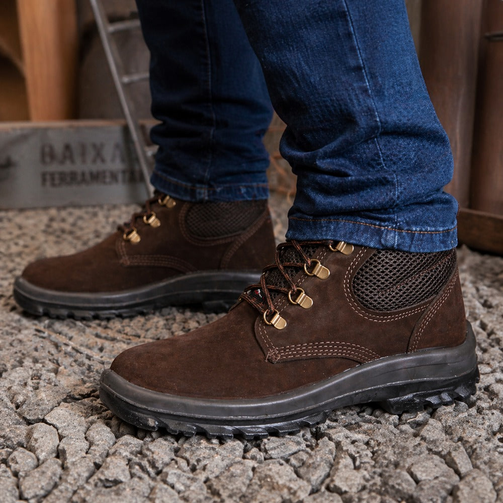 Botina de Segurança Cadarço Bico PVC Couro Nobuck Marrom Café Cartom Top Plus TP092 C.A 41335