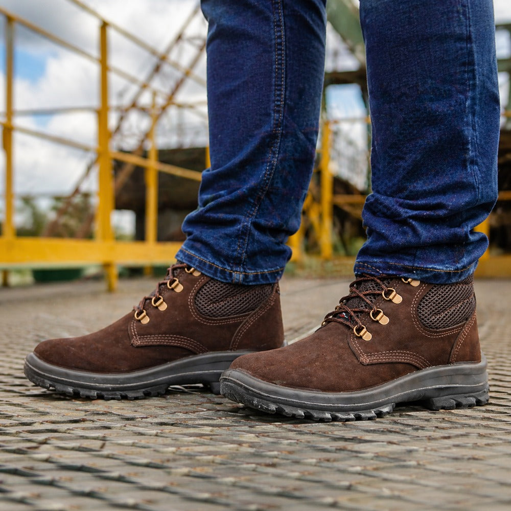 Botina de Segurança Cadarço Bico PVC Couro Nobuck Marrom Café Cartom Top Plus TP092 C.A 41335