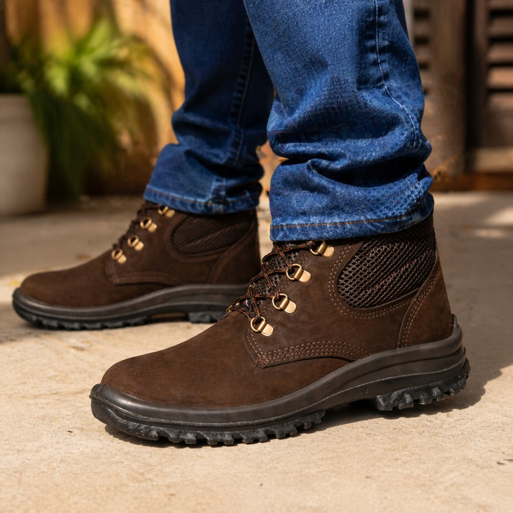 Botina de Segurança Cadarço Bico PVC Couro Nobuck Marrom Café Cartom Top Plus TP092 C.A 41335