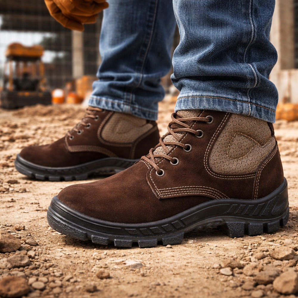Botina de Segurança Cadarço Bico PVC Couro Nobuck Marrom Café Marluvas 50B26 CB BP NUB C.A 45611