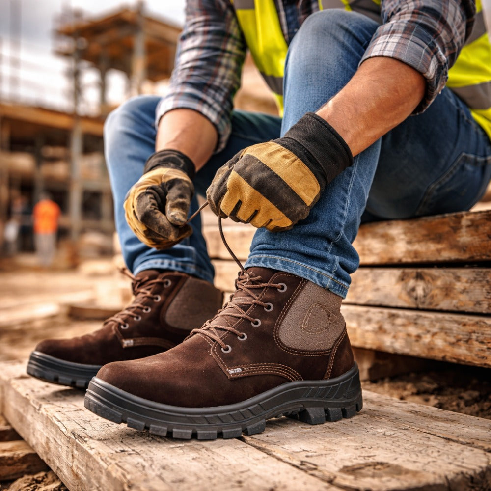 Botina de Segurança Cadarço Bico PVC Couro Nobuck Marrom Café Marluvas 50B26 CB BP NUB C.A 45611