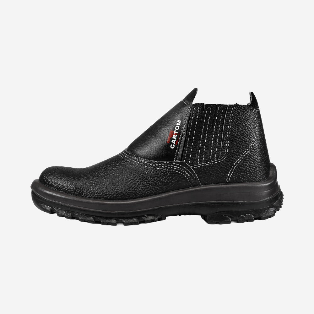 Botina de Segurança Elástico Bico PVC Couro Preto Solado Bidensidade Cartom C.A 15081