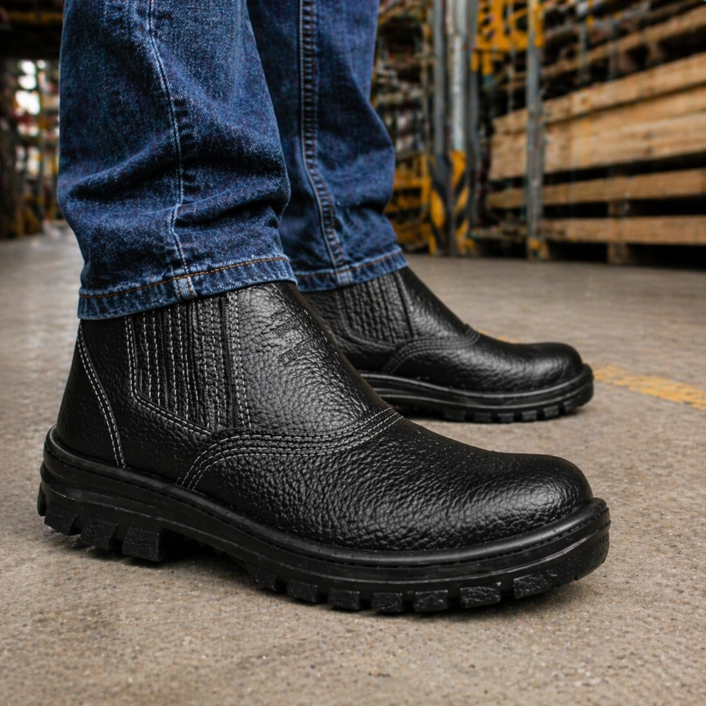 Botina de Segurança Elástico Bico Pvc Couro Preto Solado Monodensidade Cartom 010PVC C.A 17137