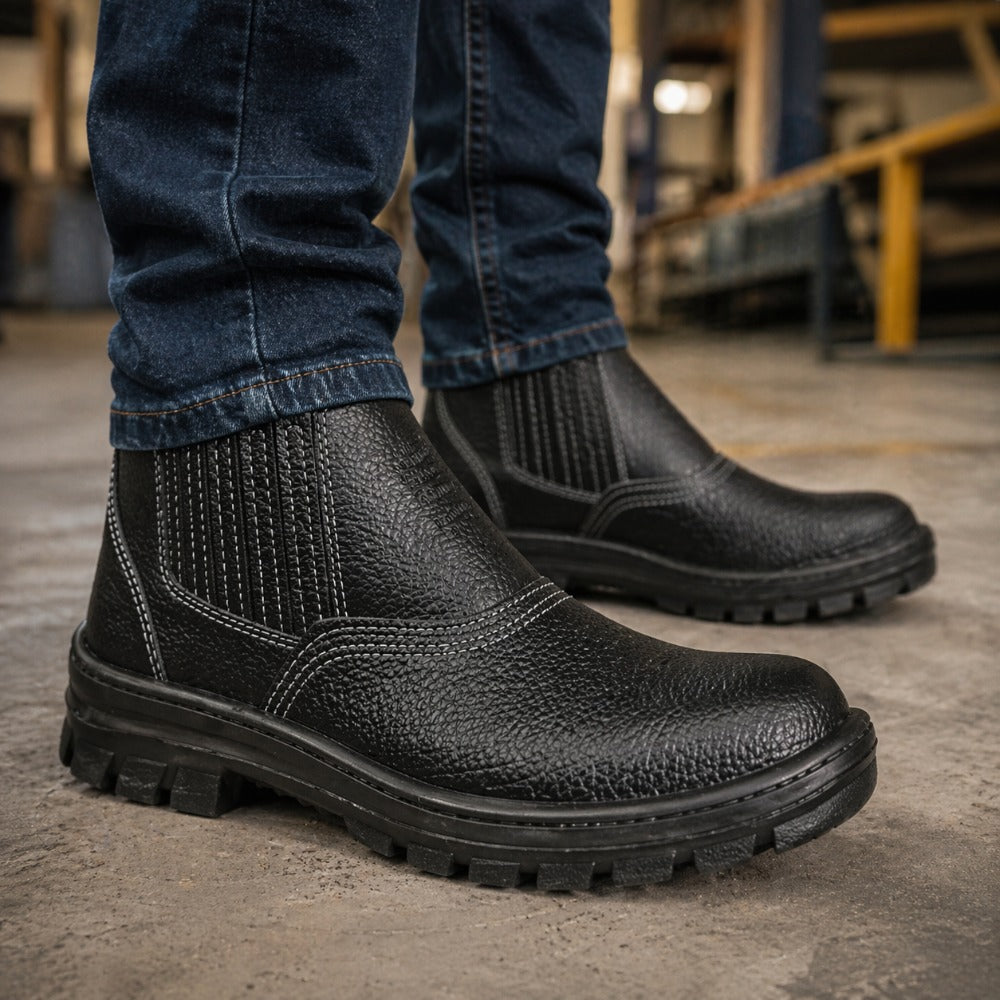 Botina de Segurança Elástico Bico Pvc Couro Preto Solado Monodensidade Cartom 010PVC C.A 17137