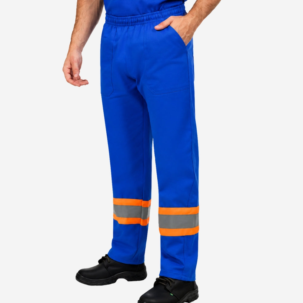 Calça NR10 Risco II ATPV 12,0 Azul Royal 100% Algodão Anti-chama Com Faixas Refletivas Laranjas Eqpro C.A 41147