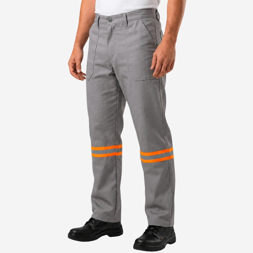 Calça NR10 Risco II ATPV 12,0 Cinza 100% Algodão Anti-chama Com Faixas Refletivas Laranjas Eqpro C.A 41147