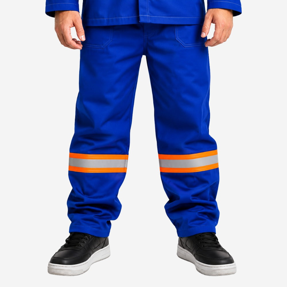 Calça NR10 Risco II ATPV 9,6 Azul Royal 100% Algodão Anti-chama Com Faixas Refletivas Laranjas Maicol C.A 38765