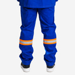Calça NR10 Risco II ATPV 9,6 Azul Royal 100% Algodão Anti-chama Com Faixas Refletivas Laranjas Maicol C.A 38765