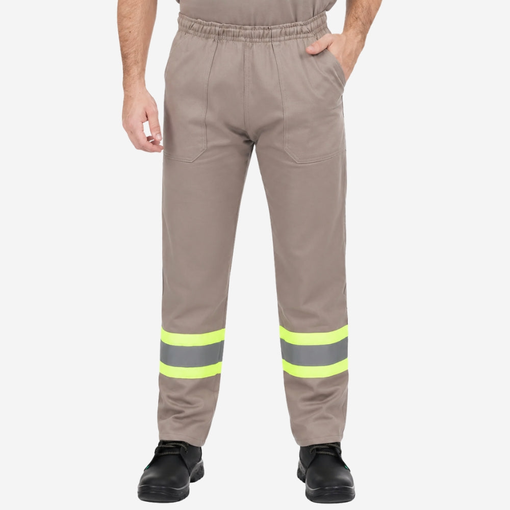 Calça de Brim Cinza 100% Algodão Com Faixas Refletivas Proteção UV FPS 50+ e 4 Bolsos