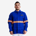 Camisa NR10 Eletricista Risco II ATPV 10,0 Azul Royal 100% Algodão Anti-chama Com Faixas Refletivos Laranjas Maicol C.A 44108