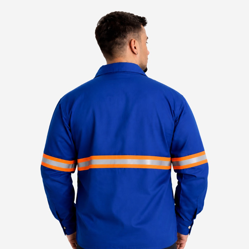 Camisa NR10 Eletricista Risco II ATPV 10,0 Azul Royal 100% Algodão Anti-chama Com Faixas Refletivos Laranjas Maicol C.A 44108