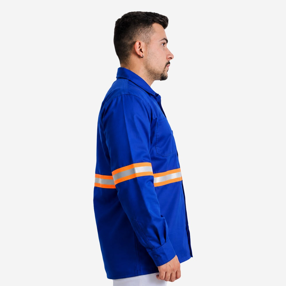 Camisa NR10 Eletricista Risco II ATPV 10,0 Azul Royal 100% Algodão Anti-chama Com Faixas Refletivos Laranjas Maicol C.A 44108