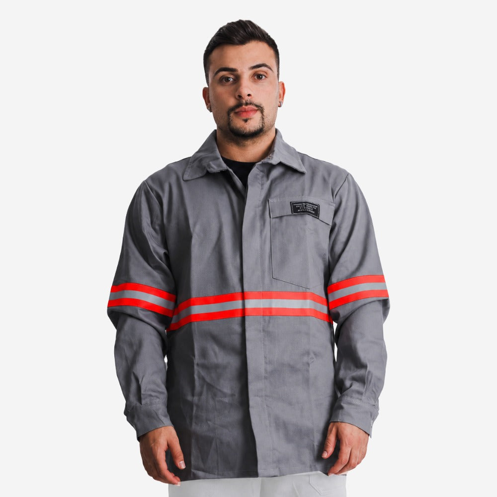 Camisa NR10 Eletricista Risco II ATPV 10,0 Cinza 100% Algodão Anti-chama Com Faixas Refletivos Laranjas Maicol C.A 44108