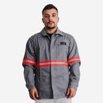 Camisa NR10 Eletricista Risco II ATPV 10,0 Cinza 100% Algodão Anti-chama Com Faixas Refletivos Laranjas Maicol C.A 44108