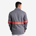 Camisa NR10 Eletricista Risco II ATPV 10,0 Cinza 100% Algodão Anti-chama Com Faixas Refletivos Laranjas Maicol C.A 44108