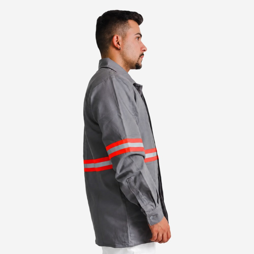 Camisa NR10 Eletricista Risco II ATPV 10,0 Cinza 100% Algodão Anti-chama Com Faixas Refletivos Laranjas Maicol C.A 44108