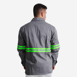 Camisa NR10 Eletricista Risco II ATPV 10,0 Cinza 100% Algodão Anti-chama Com Faixas Refletivos Verdes Maicol C.A 44108