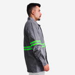 Camisa NR10 Eletricista Risco II ATPV 10,0 Cinza 100% Algodão Anti-chama Com Faixas Refletivos Verdes Maicol C.A 44108