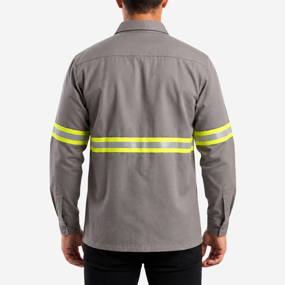 Camisa NR10 Risco II ATPV 12,0 Manga Longa Cinza 100% Algodão Anti-chama Com Faixas Refletivas Eqpro C.A 41146