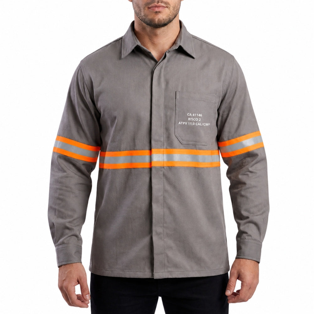 Camisa NR10 Risco II ATPV 12,0 Manga Longa Cinza 100% Algodão Anti-chama Com Faixas Refletivas Laranjas Eqpro C.A 41146