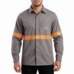 Camisa NR10 Risco II ATPV 12,0 Manga Longa Cinza 100% Algodão Anti-chama Com Faixas Refletivas Laranjas Eqpro C.A 41146
