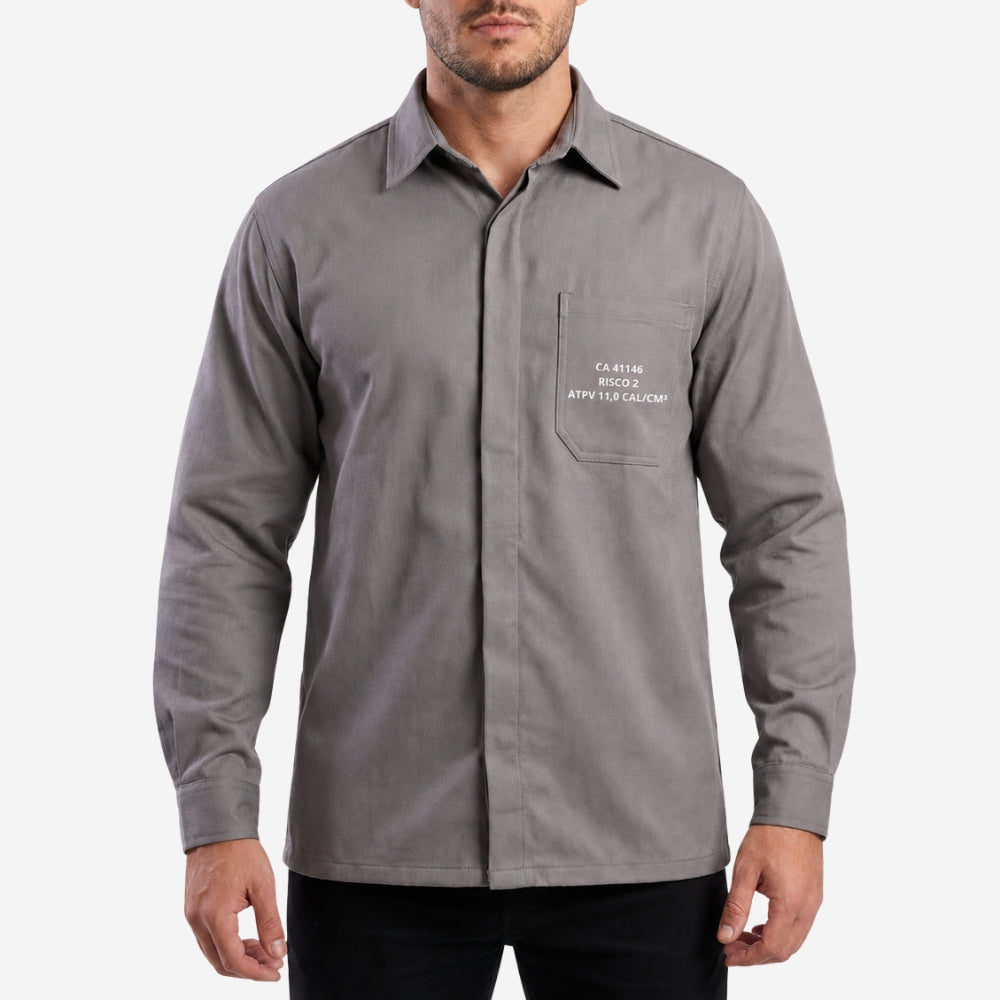 Camisa NR10 Risco II ATPV 12,0 Manga Longa Cinza 100% Algodão Anti-chama Eqpro C.A 41146