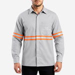 Camisa NR10 Risco II ATPV 12,0 Manga Longa Cinza Claro 100% Algodão Anti-chama Com Faixas Refletivas Laranjas Eqpro C.A 41146