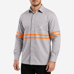 Camisa NR10 Risco II ATPV 12,0 Manga Longa Cinza Claro 100% Algodão Anti-chama Com Faixas Refletivas Laranjas Eqpro C.A 41146