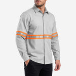 Camisa NR10 Risco II ATPV 12,0 Manga Longa Cinza Claro 100% Algodão Anti-chama Com Faixas Refletivas Laranjas Eqpro C.A 41146