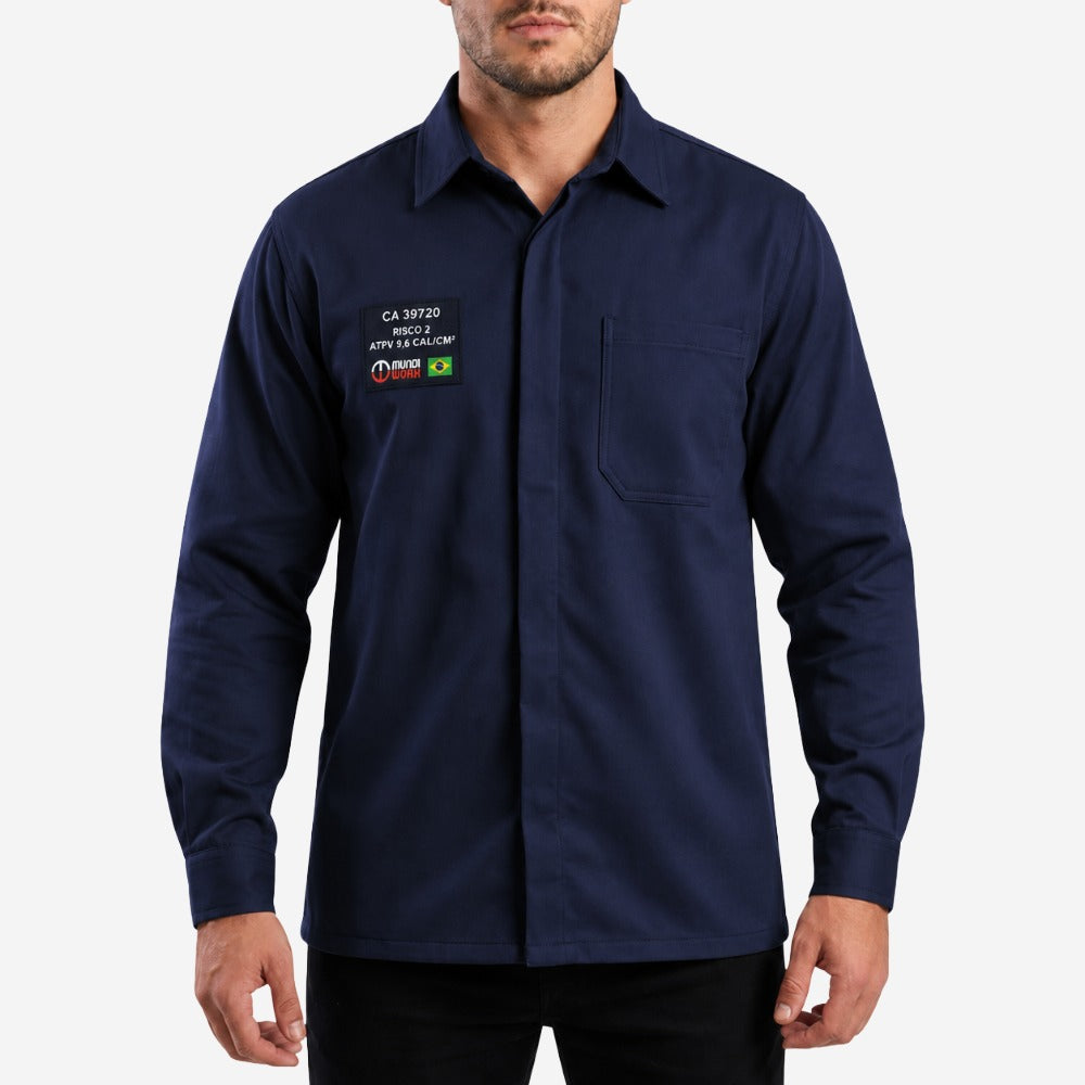 Camisa Uniforme Eletricista Trabalho NR10 Risco II ATPV 11,3 Manga Longa Azul 100% Algodão Anti-chama Mundi Work CA 39720