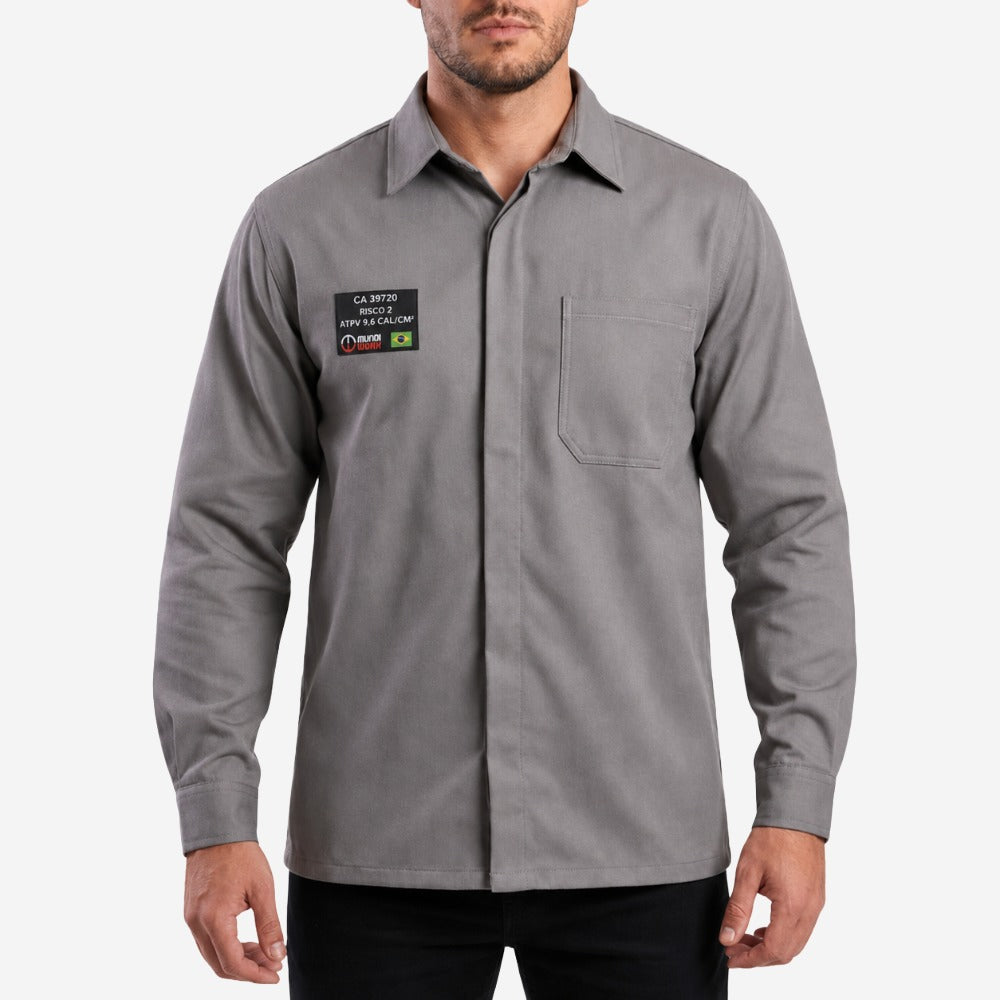 Camisa Uniforme Eletricista Trabalho NR10 Risco II ATPV 11,3 Manga Longa Cinza 100% Algodão Anti-chama Eqpro CA 39720