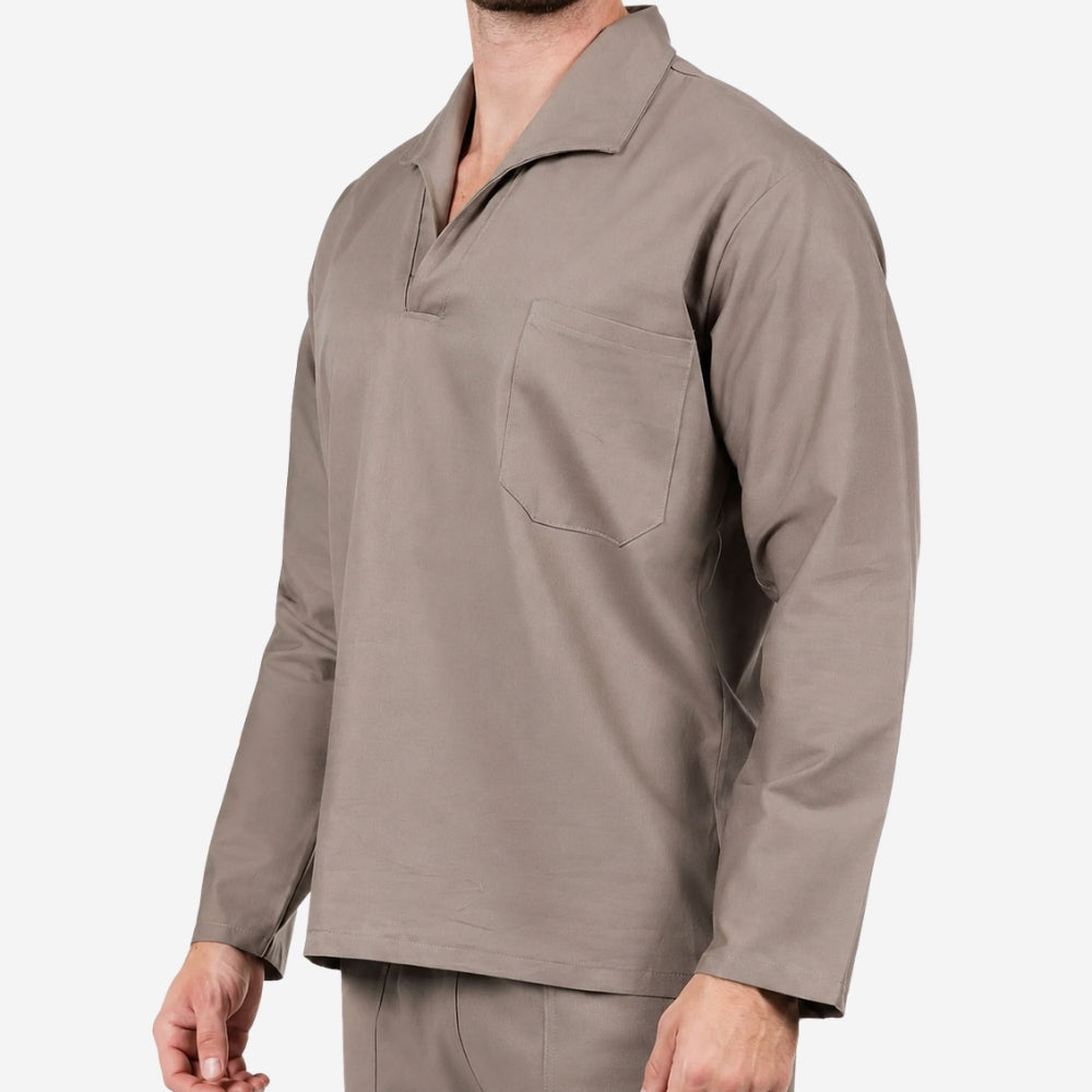 Camisa de Brim Manga Longa Gola Italiana Cinza 100% Algodão com Proteção UV FPS 50+ e Bolso no Peito
