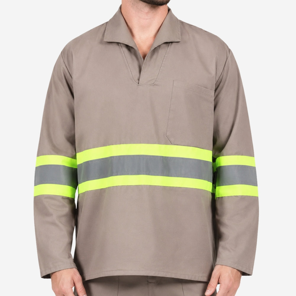 Camisa de Brim Manga Longa Gola Italiana Cinza 100% Algodão Com Faixas Refletivas Proteção UV FPS 50+ e Bolso no Peito