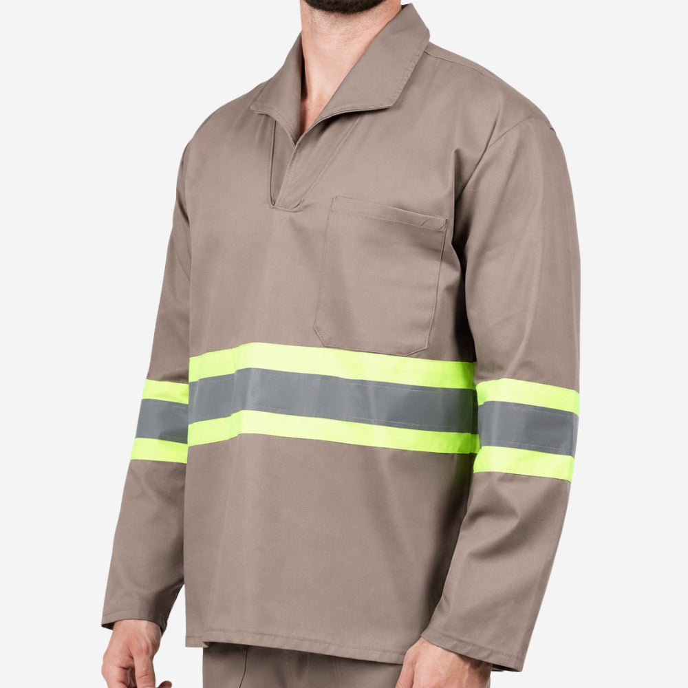 Camisa de Brim Manga Longa Gola Italiana Cinza 100% Algodão Com Faixas Refletivas Proteção UV FPS 50+ e Bolso no Peito