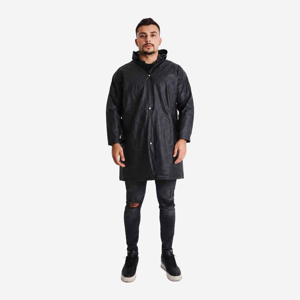 Capa de Chuva em PVC Forrado Preto com Capuz e Fechamento em Botões Maicol CA 28191