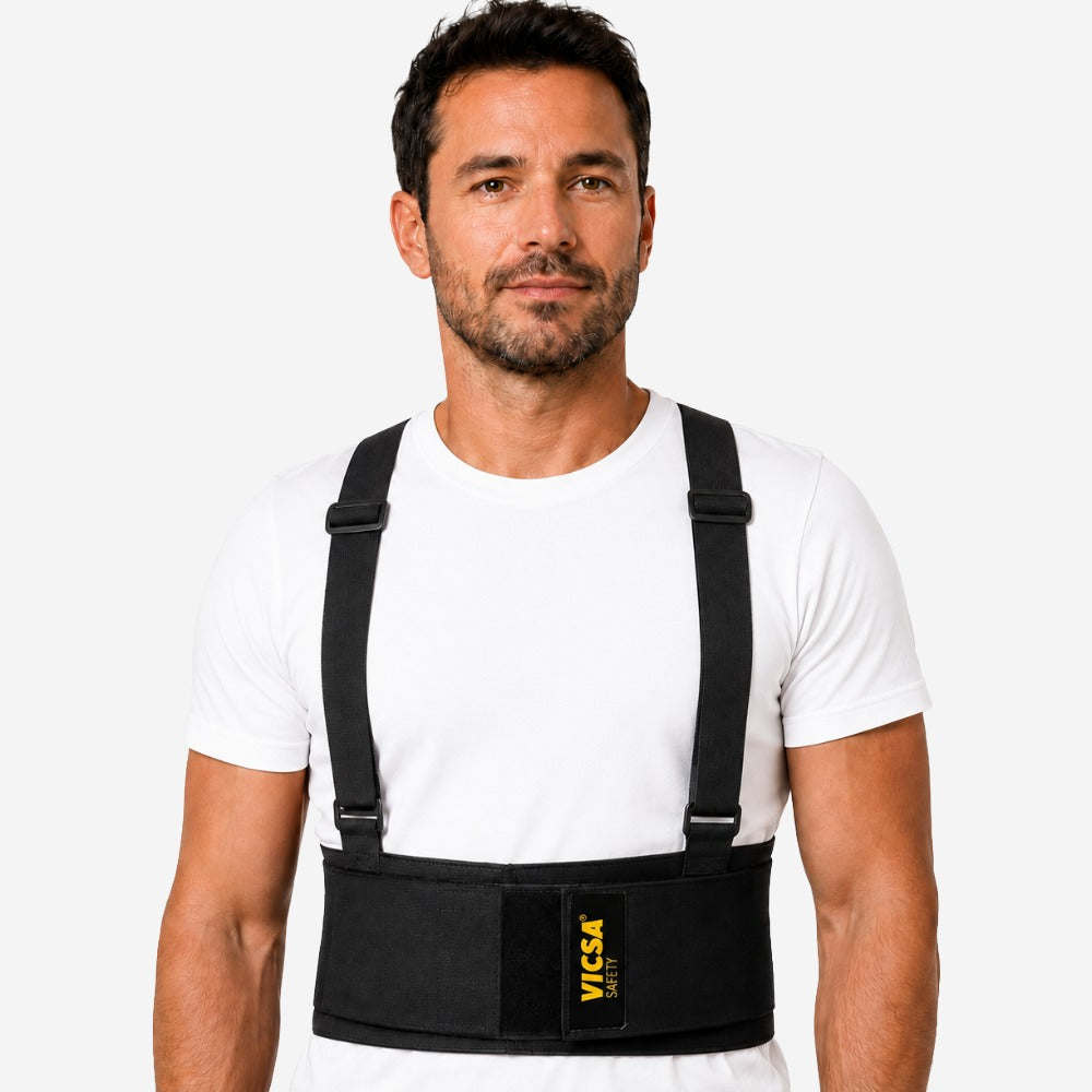 Cinta Ergonômica Lombar Preta para Levantamento de Peso Carga e Descarga com Suspensório Ajustável Hastes PVC Velcro Reforçado VICSA VIC41110
