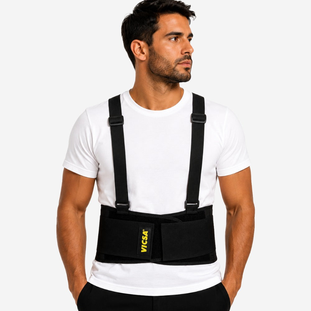 Cinta Ergonômica Lombar Preta para Levantamento de Peso Carga e Descarga com Suspensório Ajustável Hastes PVC Velcro VICSA Ergo Black Lite VIC41100