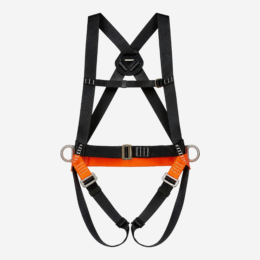 Cinto Paraquedista para Trabalho em Altura com Fechamento Peitoral 1 Ponto de Conexão Fita Poliéster 45mm Preto e Laranja MG Cinto MULT 1885A CA 35139