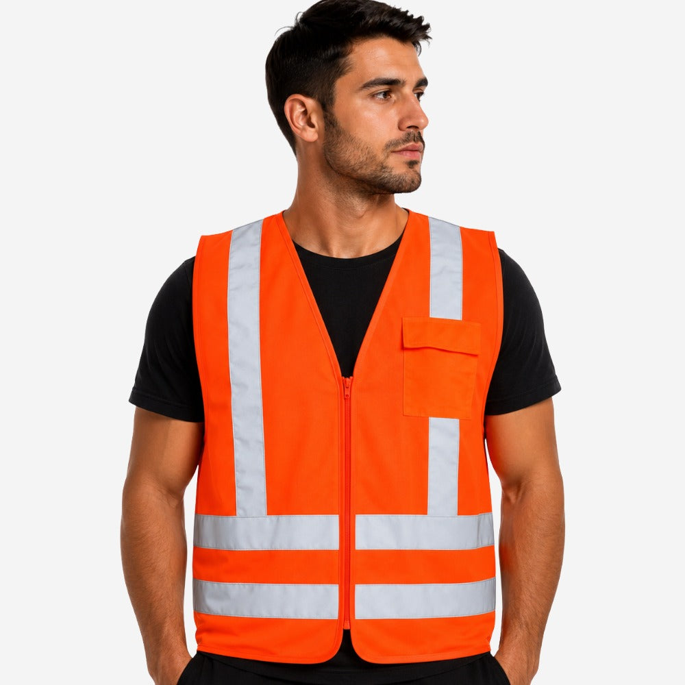 Colete Refletivo 1 Bolso Laranja para Obras Trânsito Rodovias Alta Visibilidade Faixas Retrorrefletivas com Zíper VICSA VIC72140