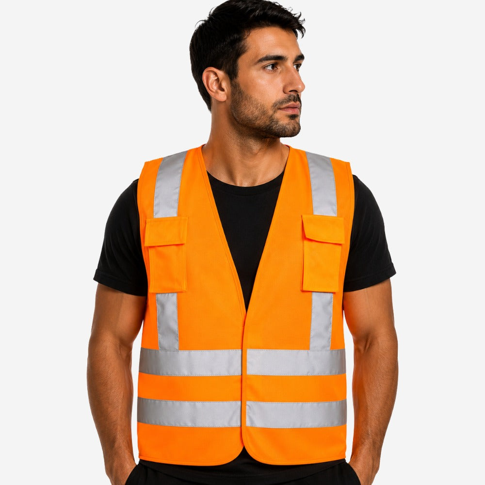 Colete Refletivo 2 Bolsos Laranja para Obras Trânsito Rodovias Alta Visibilidade Faixas Retrorrefletivas com Velcro VICSA VIC71151