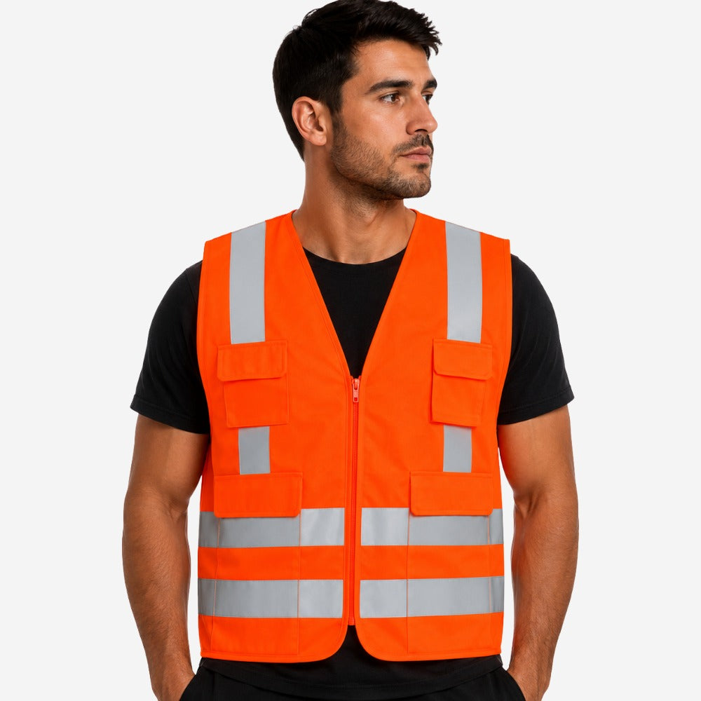 Colete Refletivo 4 Bolsos Laranja para Obras Trânsito Rodovias Alta Visibilidade Faixas Retrorrefletivas com Zíper Frontal VICSA VIC72130