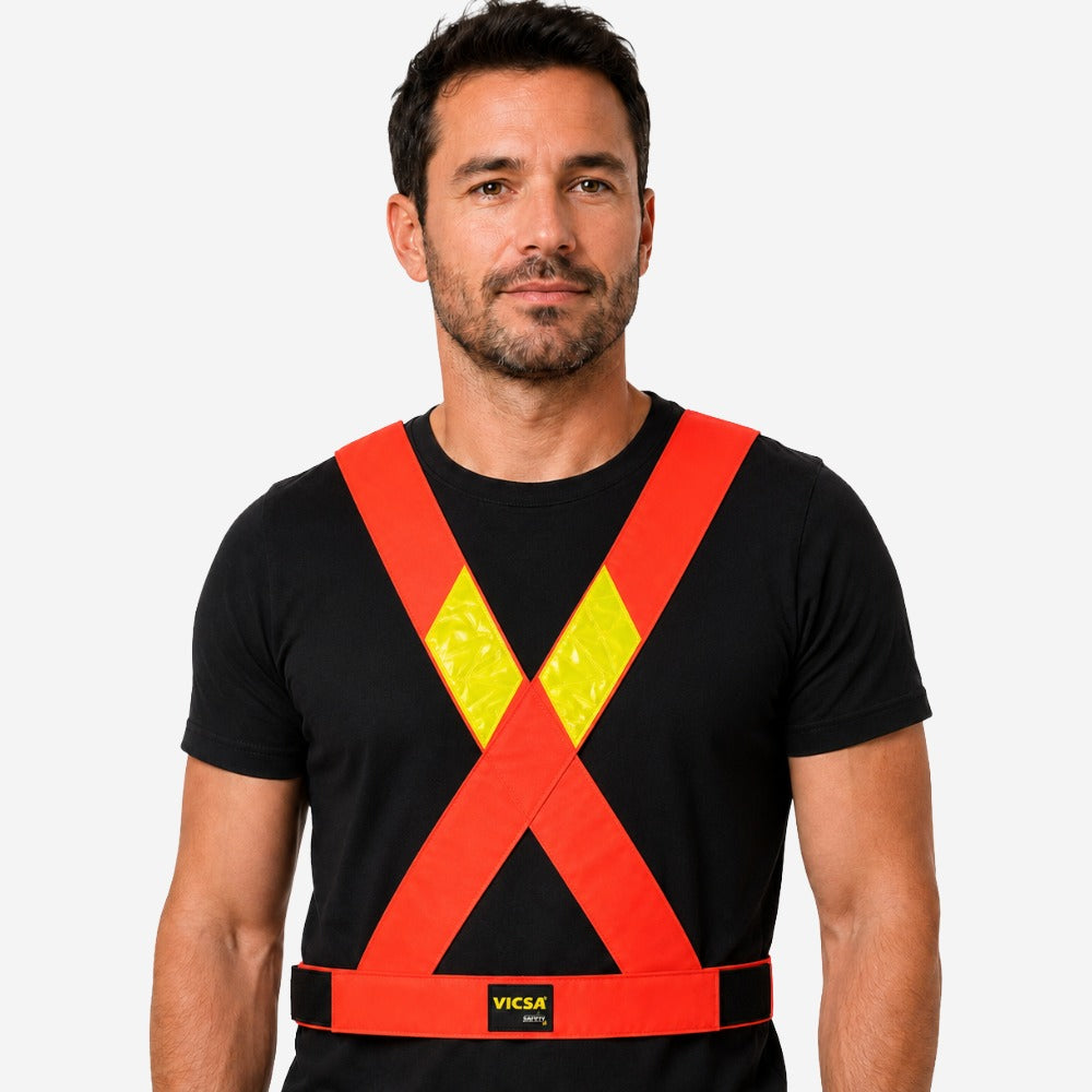 Colete Refletivo Tipo X Laranja para Obras Trânsito Rodovias Alta Visibilidade Faixas Retrorrefletivas Cintura Regulável Velcro VICSA VIC71106