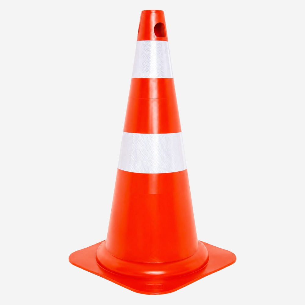 Cone Flexível de Sinalização para Obras Trânsito Estacionamentos Laranja 75cm com Faixas Refletivas Base 40x40cm Furo para Fita e Corrente KTELI