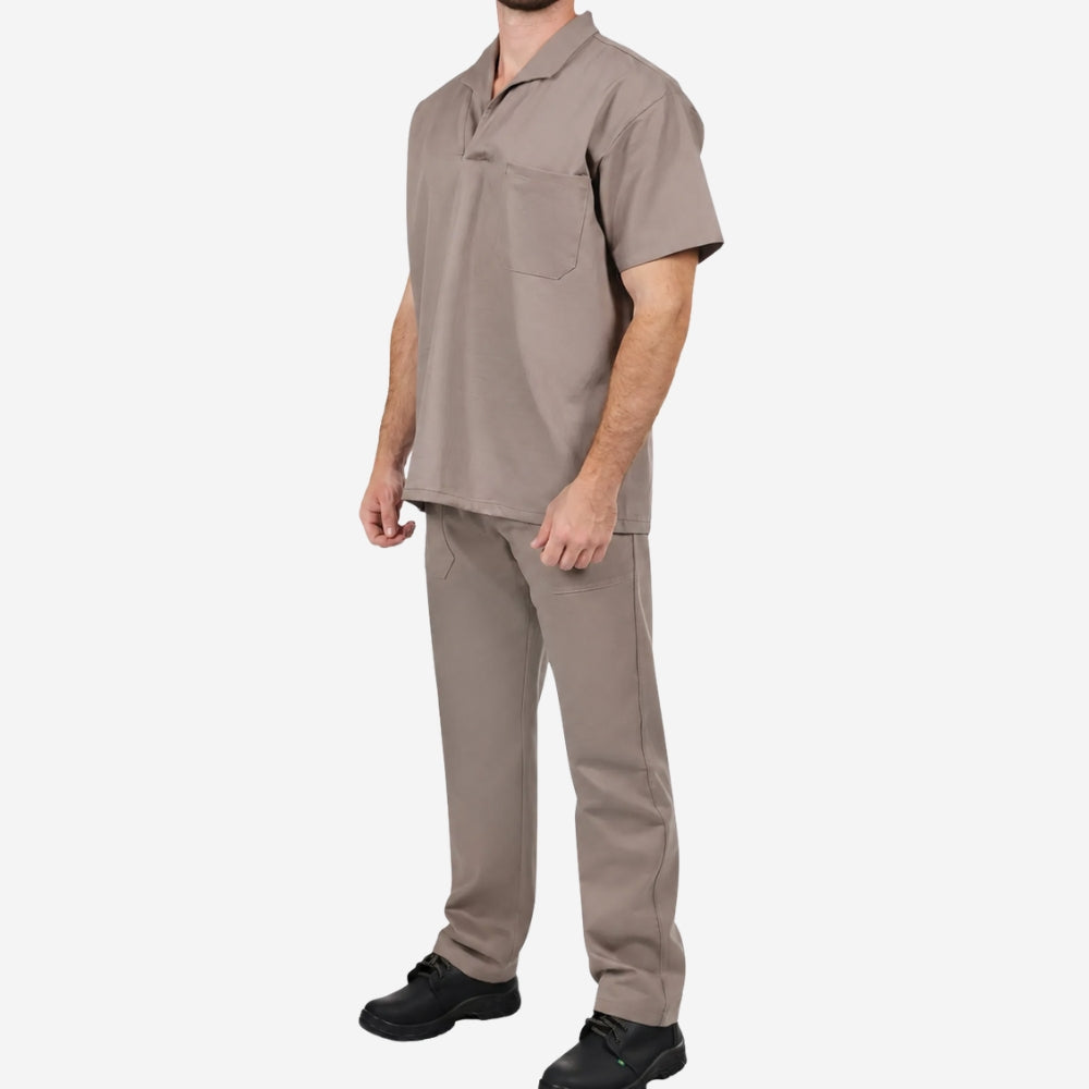 Conjunto Calça e Camisa Manga Curta de Brim Elástico Total Cinza 100% Algodão com Proteção UV FPS 50+