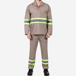 Conjunto Calça e Camisa Manga Longa de Brim Com Faixas Refletivas Elástico Total Cinza 100% Algodão com Proteção UV FPS 50+