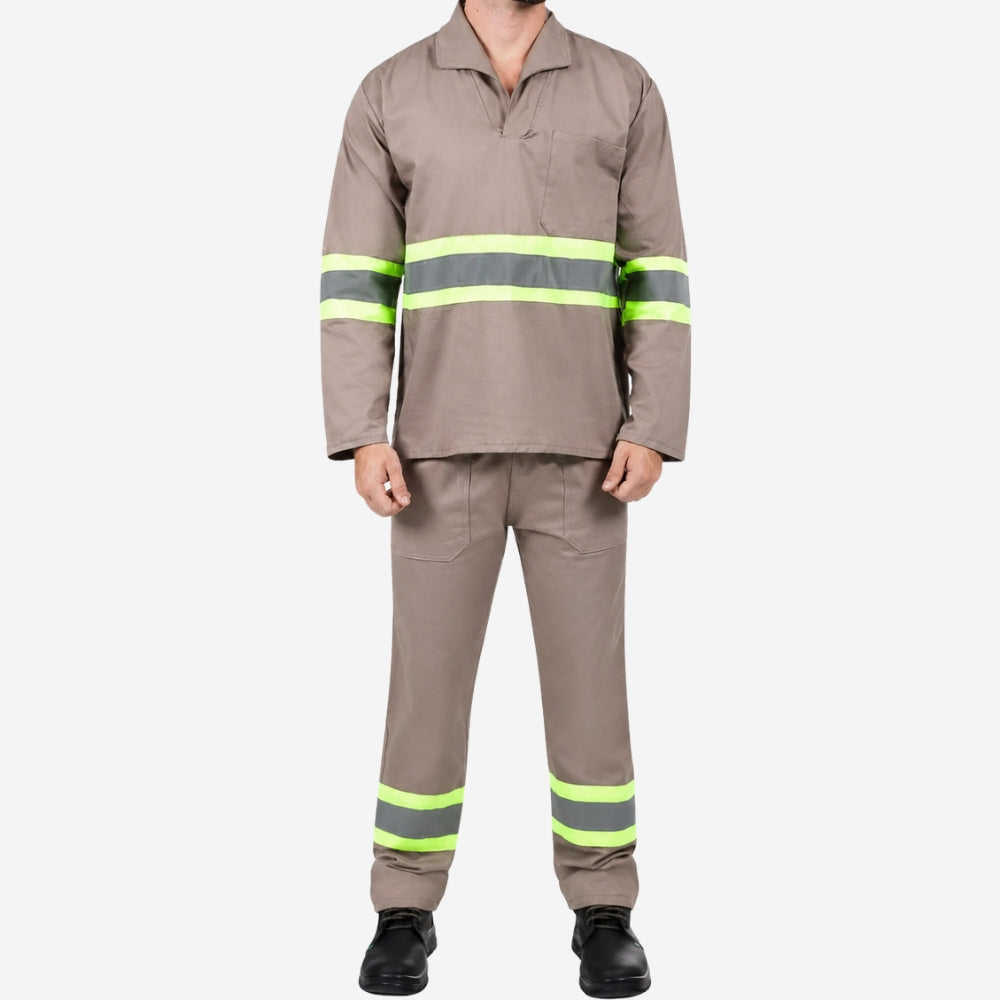 Conjunto Calça e Camisa Manga Longa de Brim Com Faixas Refletivas Elástico Total Cinza 100% Algodão com Proteção UV FPS 50+