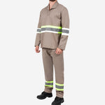 Conjunto Calça e Camisa Manga Longa de Brim Com Faixas Refletivas Elástico Total Cinza 100% Algodão com Proteção UV FPS 50+