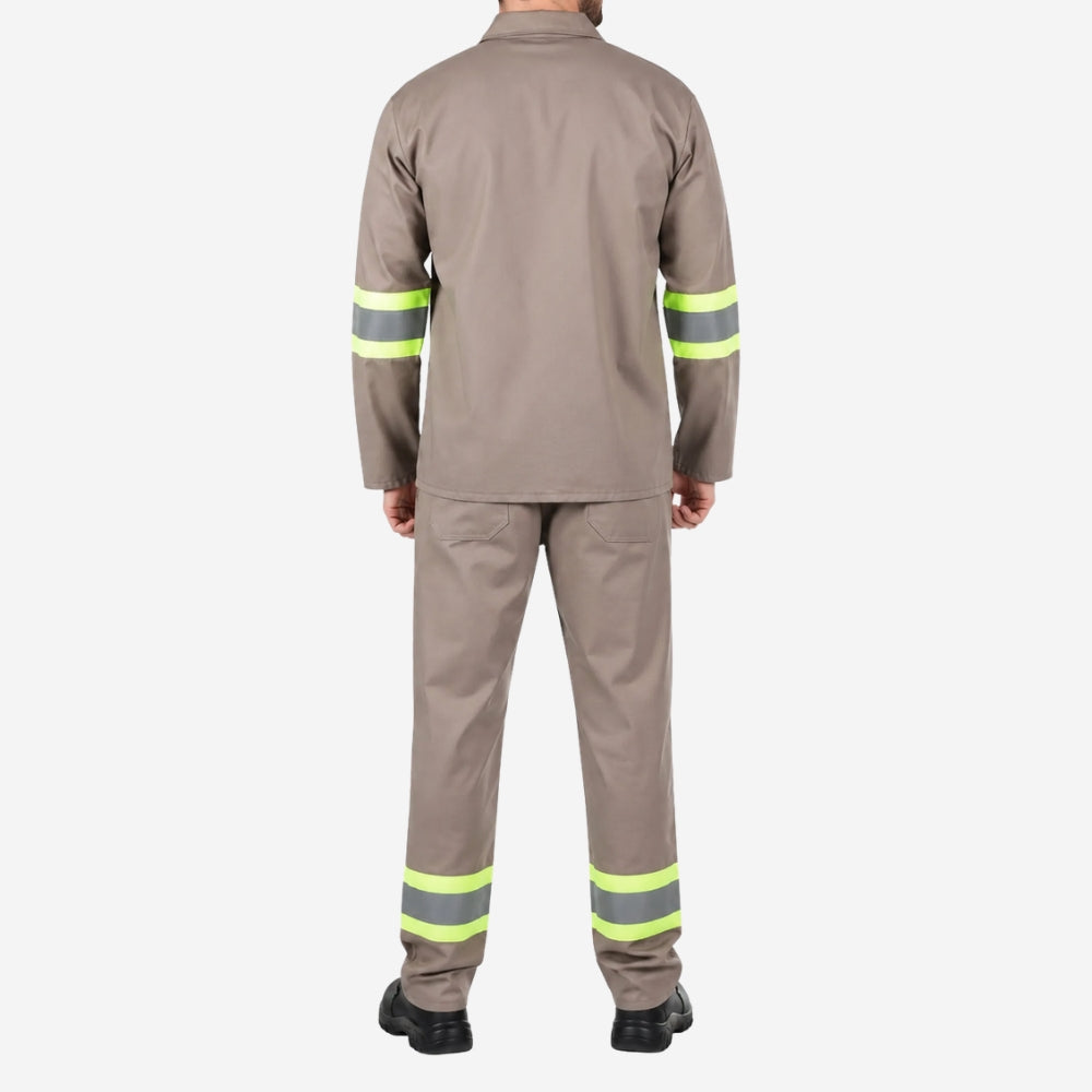 Conjunto Calça e Camisa Manga Longa de Brim Com Faixas Refletivas Elástico Total Cinza 100% Algodão com Proteção UV FPS 50+
