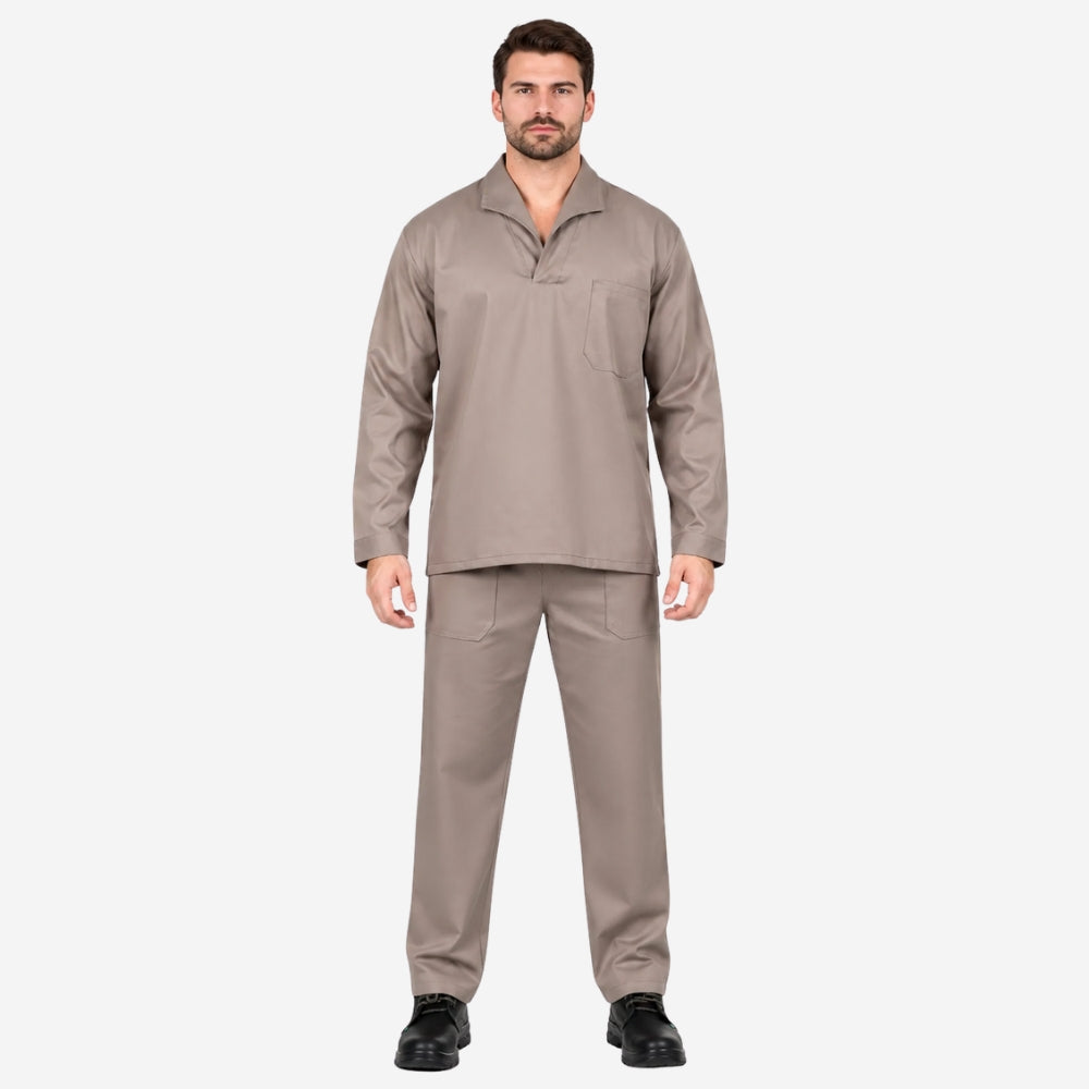 Conjunto Calça e Camisa Manga Longa de Brim Elástico Total Cinza 100% Algodão com Proteção UV FPS 50+